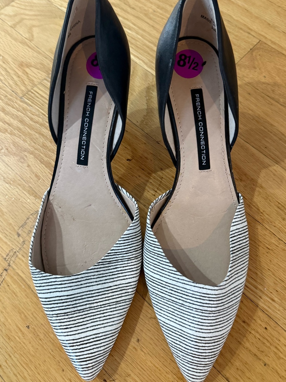 French Connection Black and White Striped Pointed D'Orsay Flats